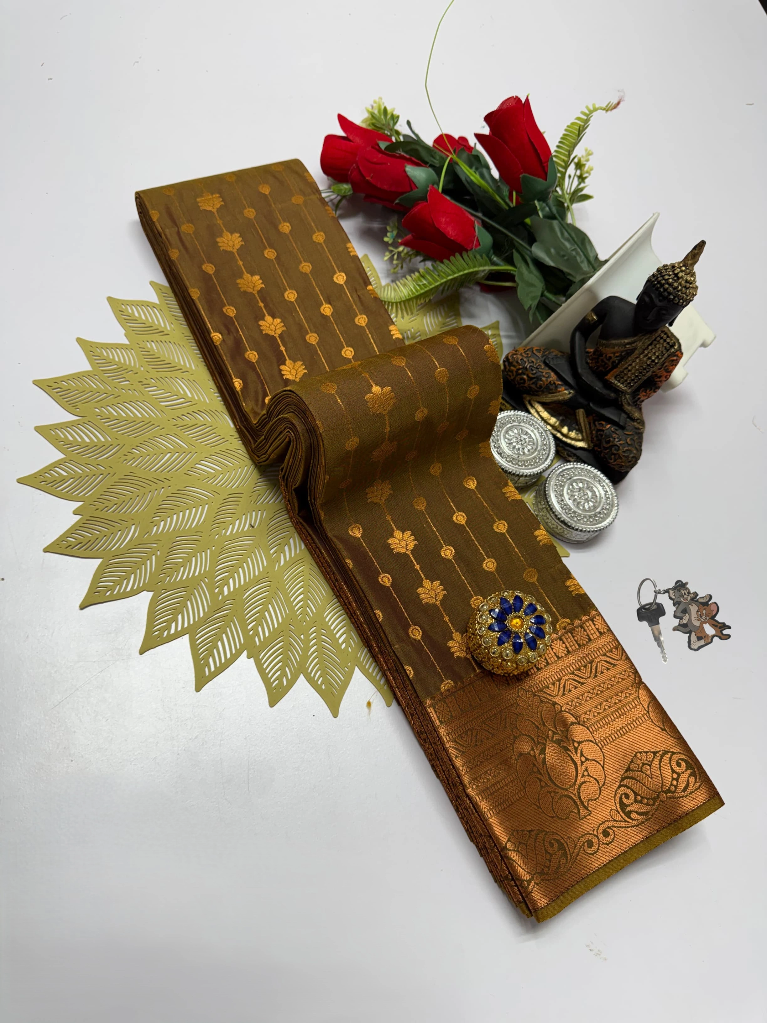 Dark Olive Brown Aarani Soft Silk Saree